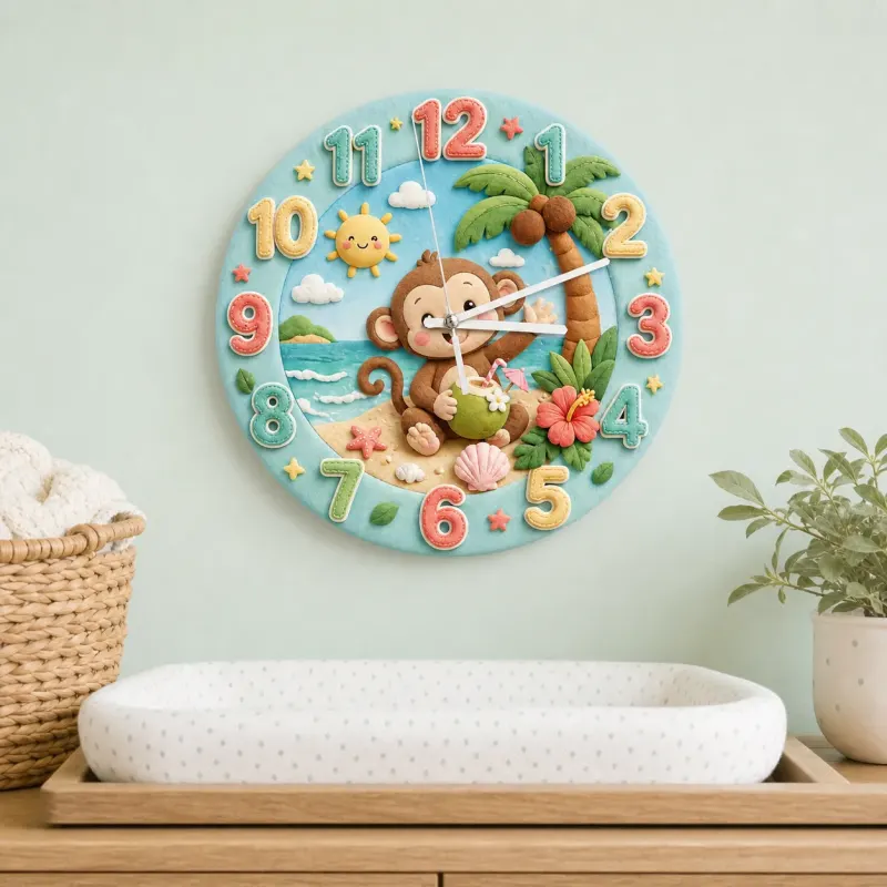 Tropical Beach Monkey Kids Room Wall Clock | Cute Ocean Animal Nursery Decor, Baby Boy Girl Playroom Birthday Gift (13.6 inch / 34.5 cm)