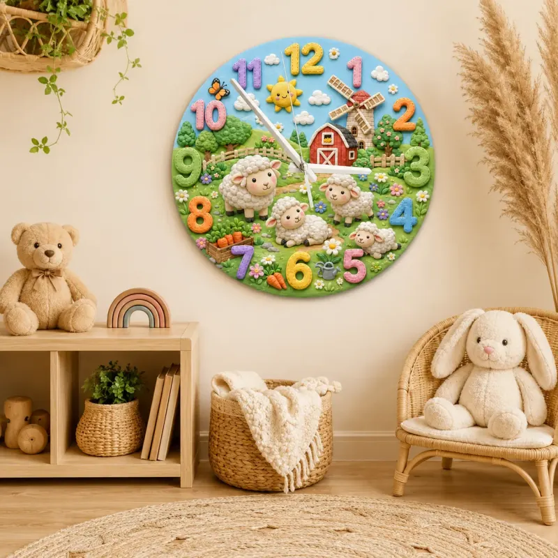 Farm Animal Sheep Kids Room Wall Clock | Whimsical Barnyard Nursery Decor, Baby Shower Gift For Boy Or Girl Room Art (13.6 inch / 34.5 cm)