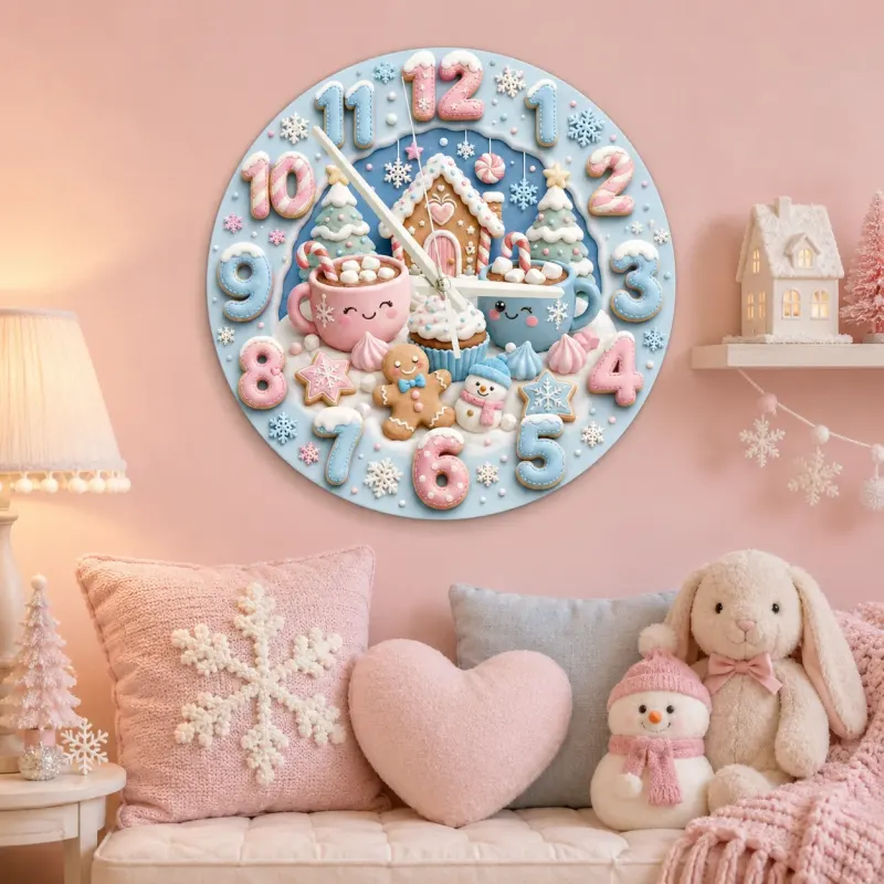 Pastel Winter Gingerbread Kids Room Wall Clock | Cute Hot Cocoa Snowman Nursery Decor, Sweet Holiday Baby Girl Gift (13.6 inch / 34.5 cm)