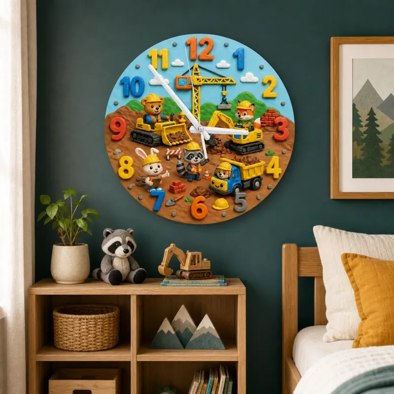 Construction Animals Kids Room Wall Clock | Little Builder Nursery Decor, Baby Boy Bedroom Makeover Birthday Gift (13.6 inch / 34.5 cm)