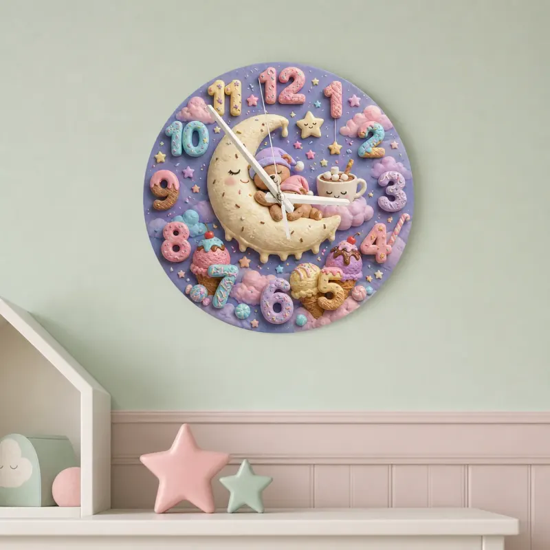 Pastel Sweet Dreams Bear Kids Room Wall Clock | Moon And Stars Whimsical Nursery Decor, Cute Baby Girl Shower Gift (13.6 inch / 34.5 cm)