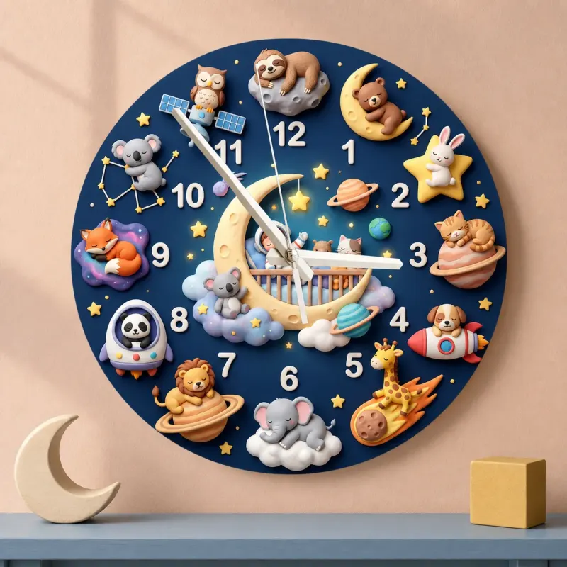 Space Animals & Planets Kids Room Wall Clock | Whimsical Night Sky Nursery Decor, Baby Shower And Birthday Present (13.6 inch / 34.5 cm)