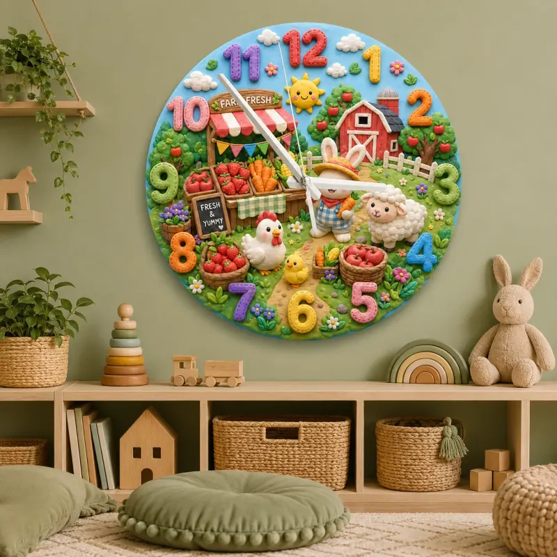 Farm Animals Kids Room Wall Clock | Bunny Farmer Nursery Decor, Baby Shower Birthday Gift Keepsake Toddler Room Art (13.6 inch / 34.5 cm)