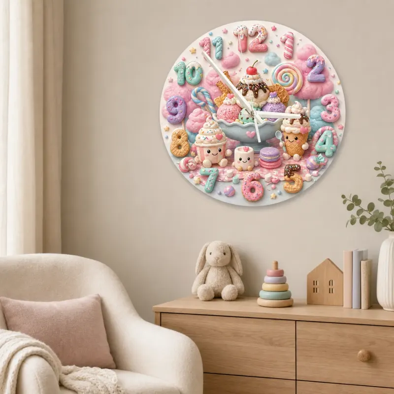 Pastel Candyland Kids Room Wall Clock | Sweet Treats Nursery Decor, Kawaii Ice Cream Girls Playroom Wall Decor Gift (13.6 inch / 34.5 cm)