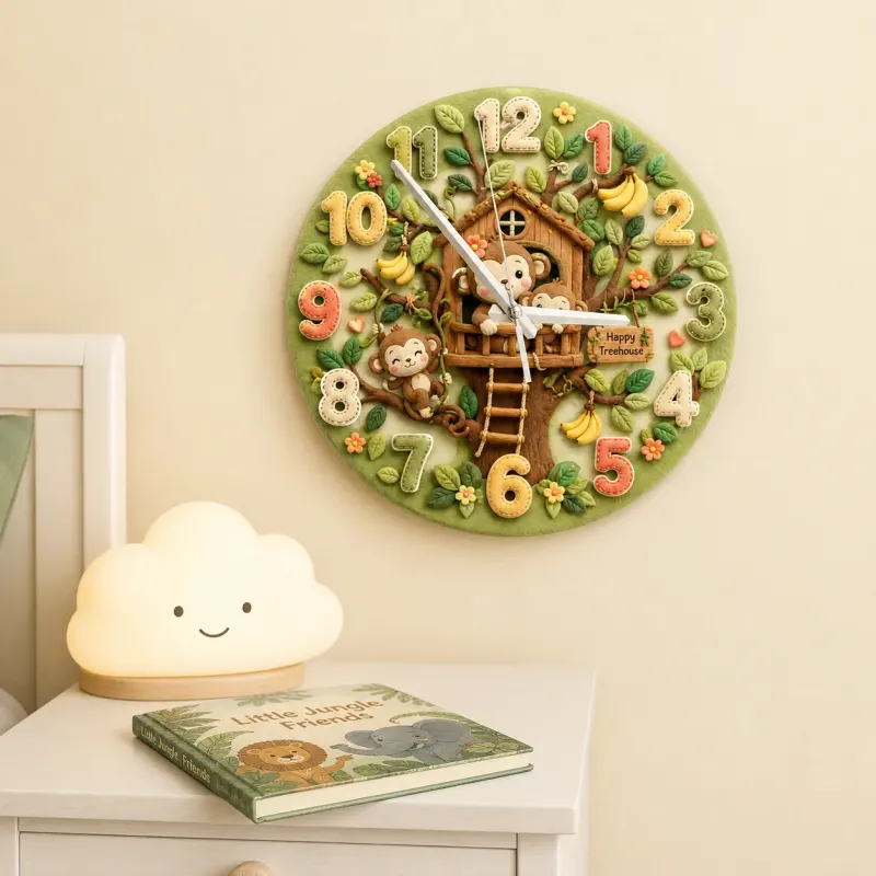 Happy Monkey Treehouse Kids Room Wall Clock | Safari Jungle Nursery Decor, Baby Boy Shower Gift & Wood Playroom Art (13.6 inch / 34.5 cm)