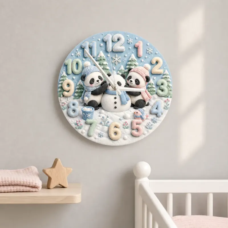 Winter Pandas Building Snowman Kids Room Wall Clock | Pastel Nursery Art, Unique Baby Shower Gift For Boys & Girls (13.6 inch / 34.5 cm)
