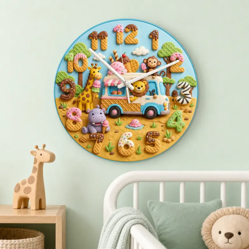 Safari Ice Cream Truck Kids Room Wall Clock | Jungle Animal Nursery Decor, Baby Boy Girl Birthday Gift (13.6 inch / 34.5 cm)
