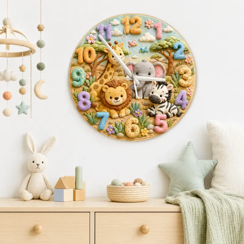 Safari Jungle Animals Kids Room Wall Clock | Cute Lion Elephant Nursery Decor, Playroom Baby Shower Boy Girl Gift (13.6 inch / 34.5 cm)