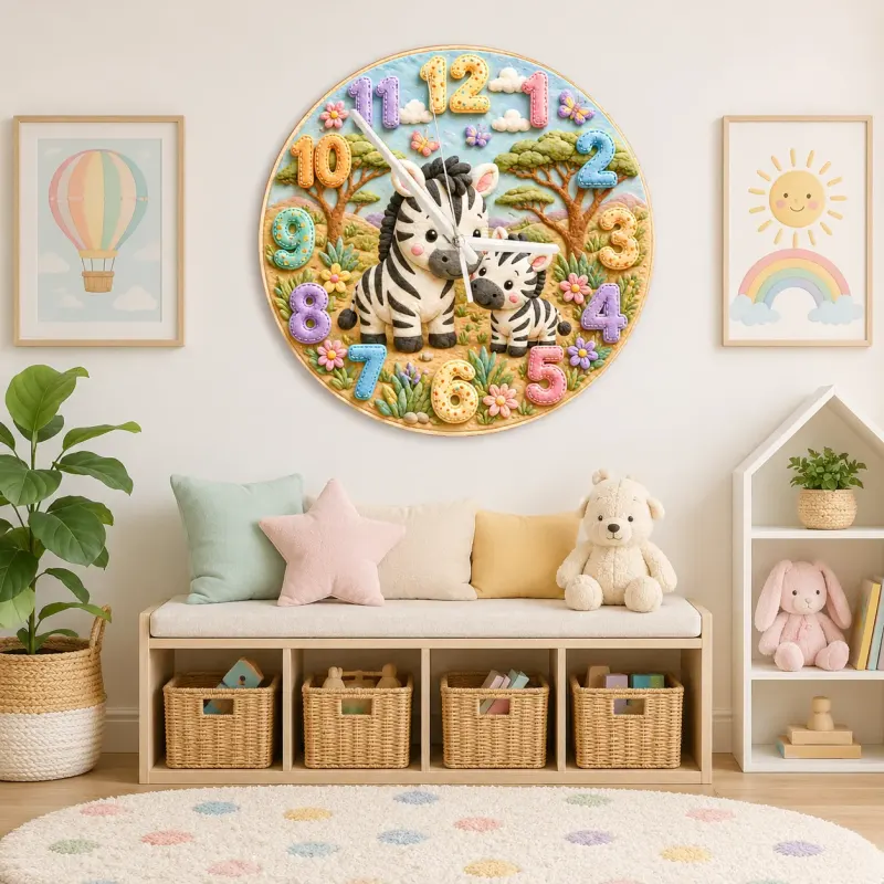 Sweet Mother & Baby Zebra Kids Room Wall Clock | Safari Animal Nursery Decor, Beautiful New Baby Shower Gift Keepsake (13.6 inch / 34.5 cm)