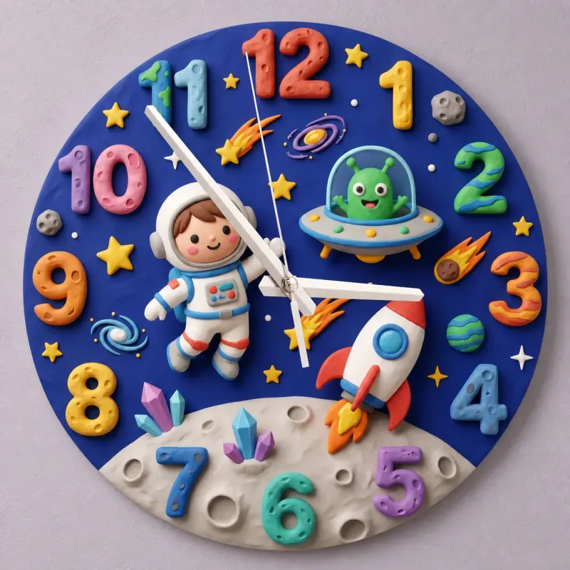 Outer Space Astronaut Kids Room Wall Clock | Alien Rocket Nursery Decor, Baby Boy Bedroom Birthday Gift Idea Keepsake (13.6 inch / 34.5 cm)