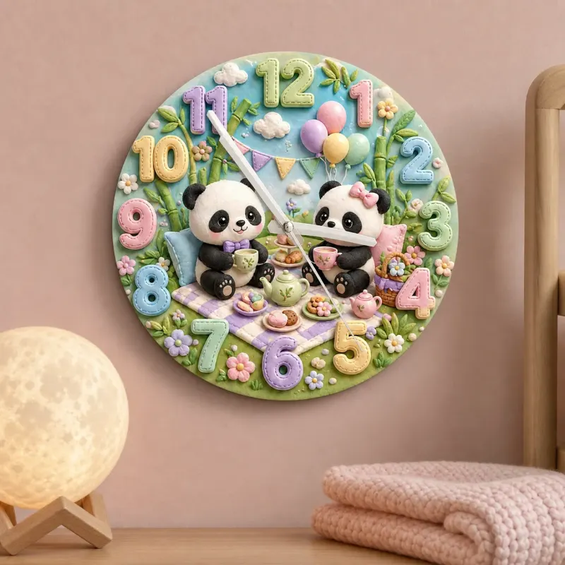 Whimsical Panda Tea Party Kids Room Wall Clock | Pastel Bamboo Nursery Decor, Baby Shower Birthday Keepsake Present (13.6 inch / 34.5 cm)