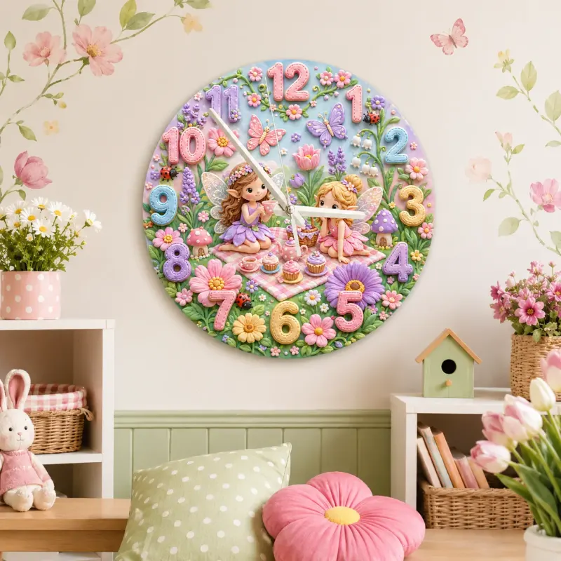 Magical Fairy Tea Party Kids Room Wall Clock | Enchanted Garden Nursery Decor, Pastel Girls Bedroom Birthday Present (13.6 inch / 34.5 cm)