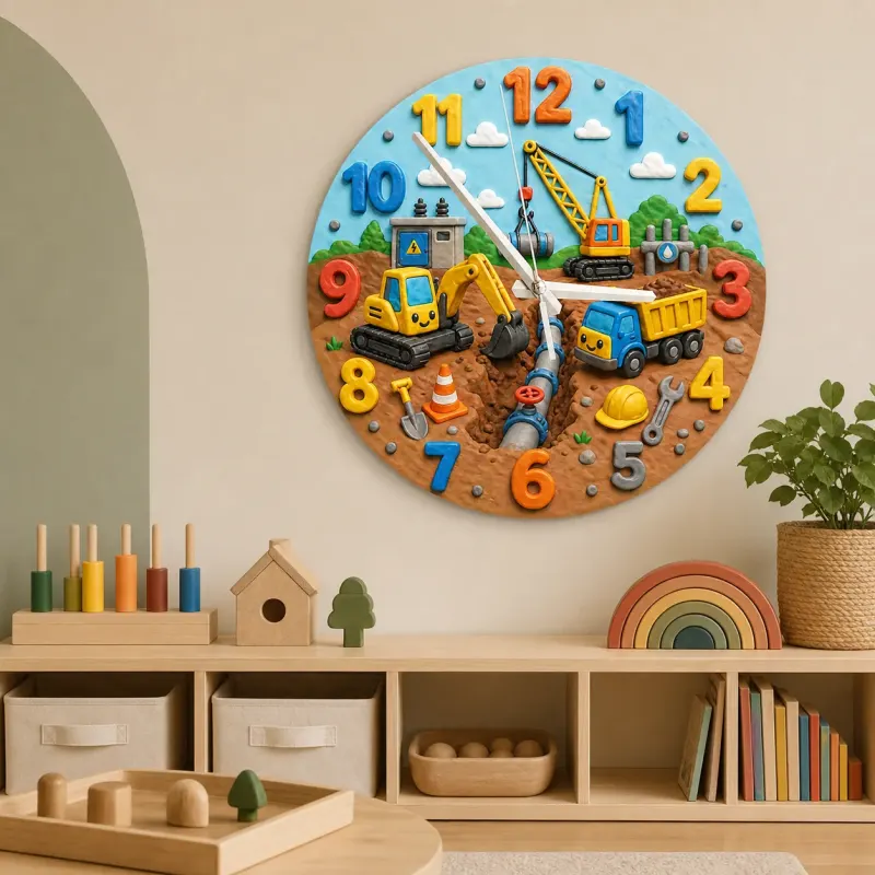 Construction Trucks Kids Room Wall Clock | Cute Excavator Boy Nursery Decor, Toddler Boy Playroom Birthday Keepsake (13.6 inch / 34.5 cm)