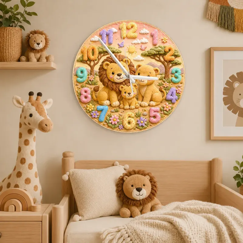 Pastel Safari Lion Family Kids Room Wall Clock | Cute Jungle Animal Nursery Decor, Perfect Baby Shower Gift Keepsake (13.6 inch / 34.5 cm)