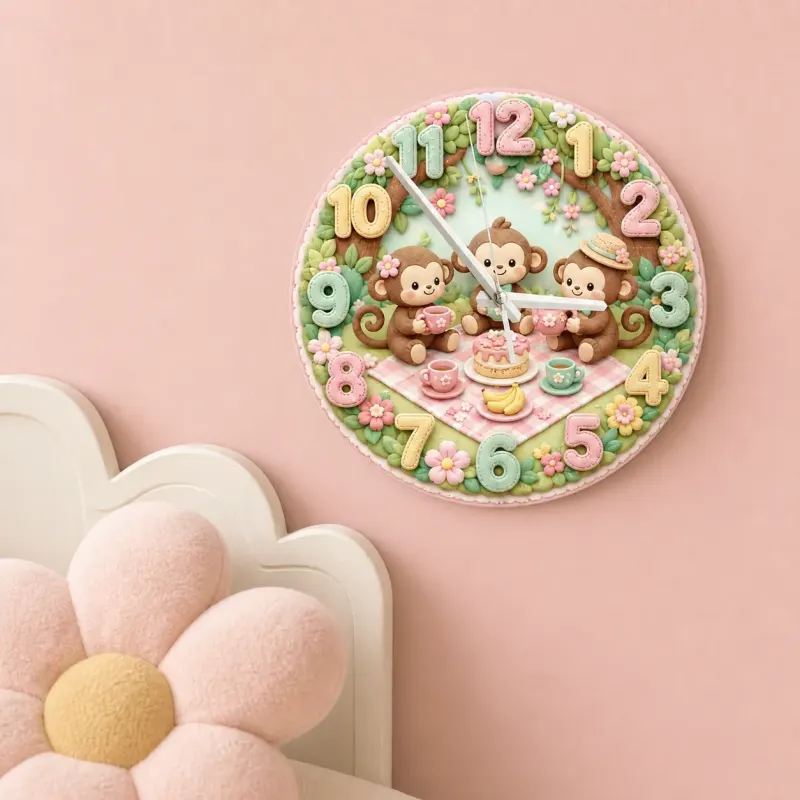 Monkey Tea Party Picnic Kids Room Wall Clock | Pastel Floral Nursery Decor, Sweet Baby Girl Shower And Birthday Gift (13.6 inch / 34.5 cm)