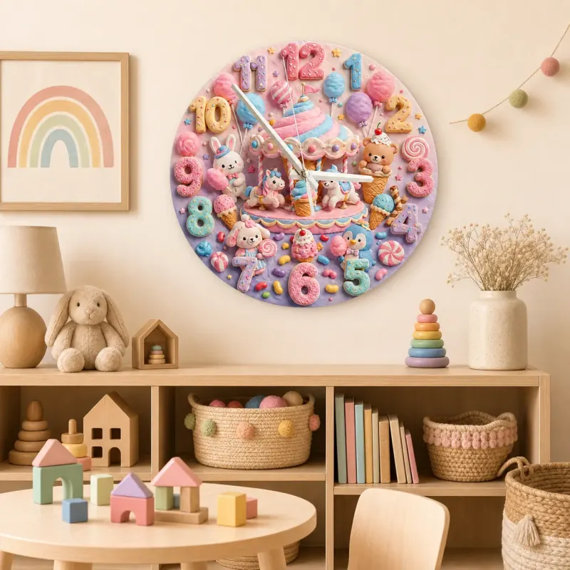 Pastel Candy Carousel Kids Room Wall Clock | Cute Animal Nursery Decor, Sweet Baby Girl Bedroom Birthday Gift Idea (13.6 inch / 34.5 cm)