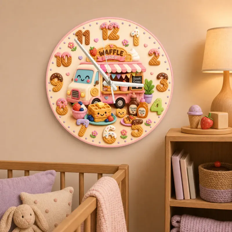 Waffle Shop Food Truck Kids Room Wall Clock | Sweet Bakery Nursery Decor, Cute Birthday Gift For Girls (13.6 inch / 34.5 cm)