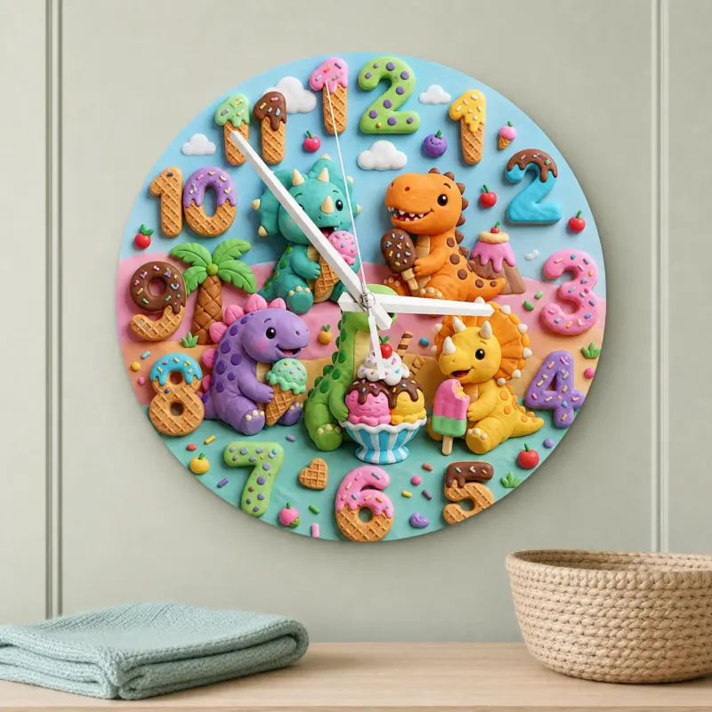 Dinosaur Ice Cream Party Kids Room Wall Clock | Colorful Nursery Decor, Little Boy Birthday Gift (13.6 inch / 34.5 cm)
