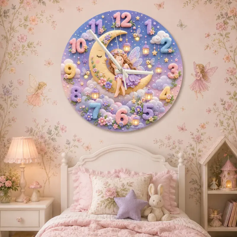 Sleeping Fairy Moon Kids Room Wall Clock | Magical Pastel Cloud Nursery Decor, Baby Girl Room Birthday Keepsake Gift (13.6 inch / 34.5 cm)
