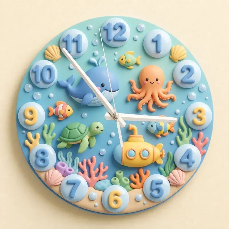 Cute Under The Sea Ocean Animals Kids Room Wall Clock | Marine Life Nursery Decor, Baby Boy Room Birthday Present (13.6 inch / 34.5 cm)