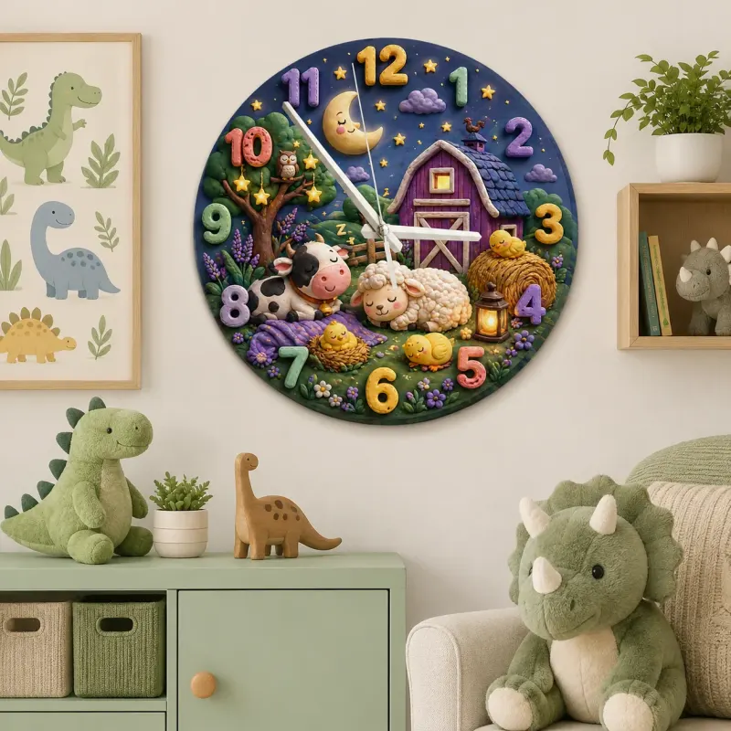 Sleeping Farm Animals Kids Room Wall Clock | Nighttime Nursery Decor, Sweet Dreams Baby Shower Gift For Boys Girls (13.6 inch / 34.5 cm)