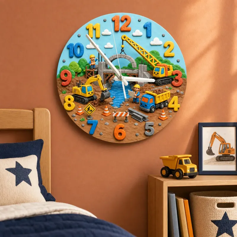 Construction Trucks Kids Room Wall Clock | Excavator Nursery Decor, Little Builder Boy Bedroom Playroom Art Keepsake (13.6 inch / 34.5 cm)