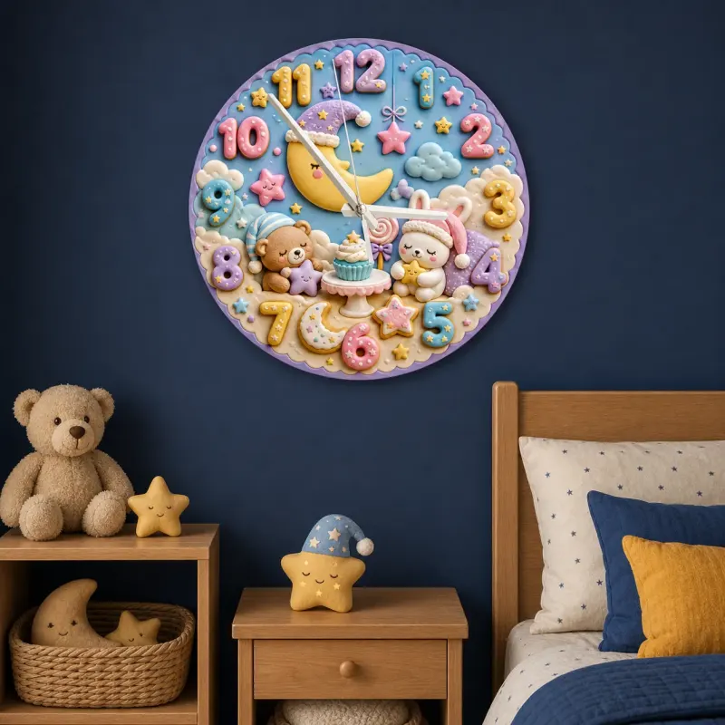 Bedtime Moon Animals Kids Room Wall Clock | Sleepy Bear Bunny Nursery Decor, Sweet Baby Shower Gift (13.6 inch / 34.5 cm)