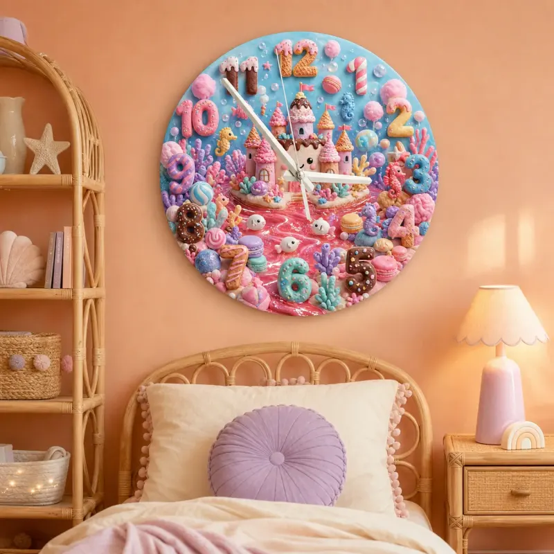 Pastel Candy Castle Kids Room Wall Clock | Sweet Ocean Fantasy Nursery Wall Decor, Little Girl Bedroom Birthday Gift (13.6 inch / 34.5 cm)