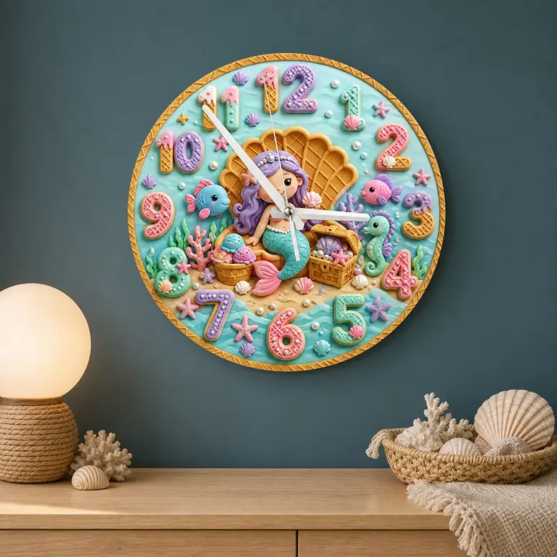 Mermaid Treasure Chest Kids Room Wall Clock | Seashell Ocean Nursery Decor, Baby Girl Birthday Gift (13.6 inch / 34.5 cm)