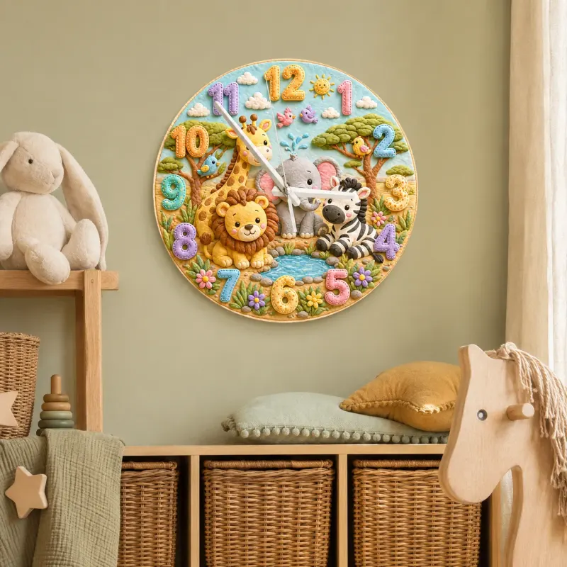 Safari Jungle Animals Kids Room Wall Clock | Cute Lion Elephant Nursery Decor, Unique Baby Shower Gifts for Newborns (13.6 inch / 34.5 cm)