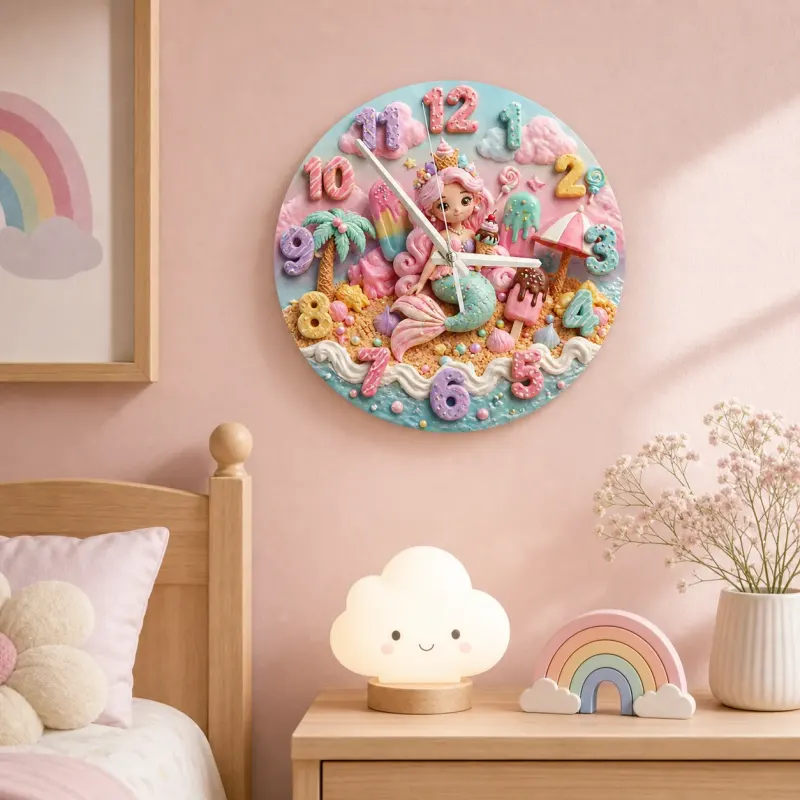 Pastel Mermaid & Sweet Treats Kids Room Wall Clock | Kawaii Candy Beach Nursery Decor, Cute Little Girls Bedroom Gift (13.6 inch / 34.5 cm)