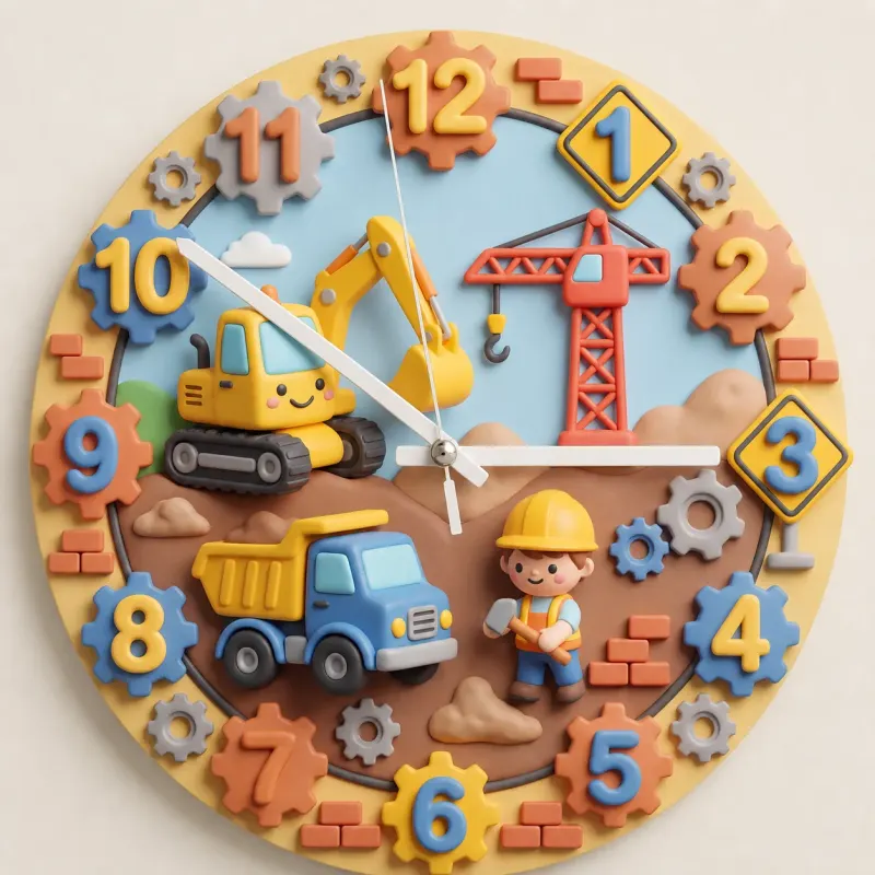 Construction Trucks Kids Room Wall Clock | Digger & Crane Nursery Decor, Little Builder Boy Birthday Gift Keepsake (13.6 inch / 34.5 cm)