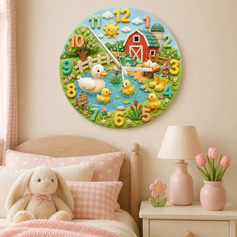 Cute Farmyard Duck Pond Kids Room Wall Clock | Whimsical Red Barn Nursery Decor, Baby Shower Gift For Boys Or Girls (13.6 inch / 34.5 cm)