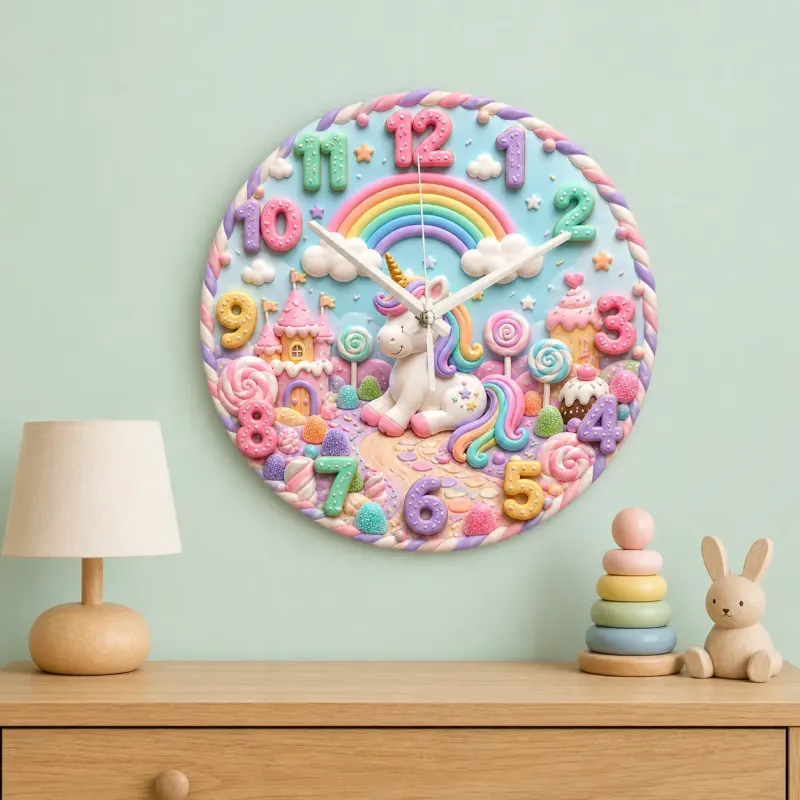 Unicorn Rainbow Candyland Kids Room Wall Clock | Magical Nursery Decor, Baby Girl Birthday Gift Art (13.6 inch / 34.5 cm)
