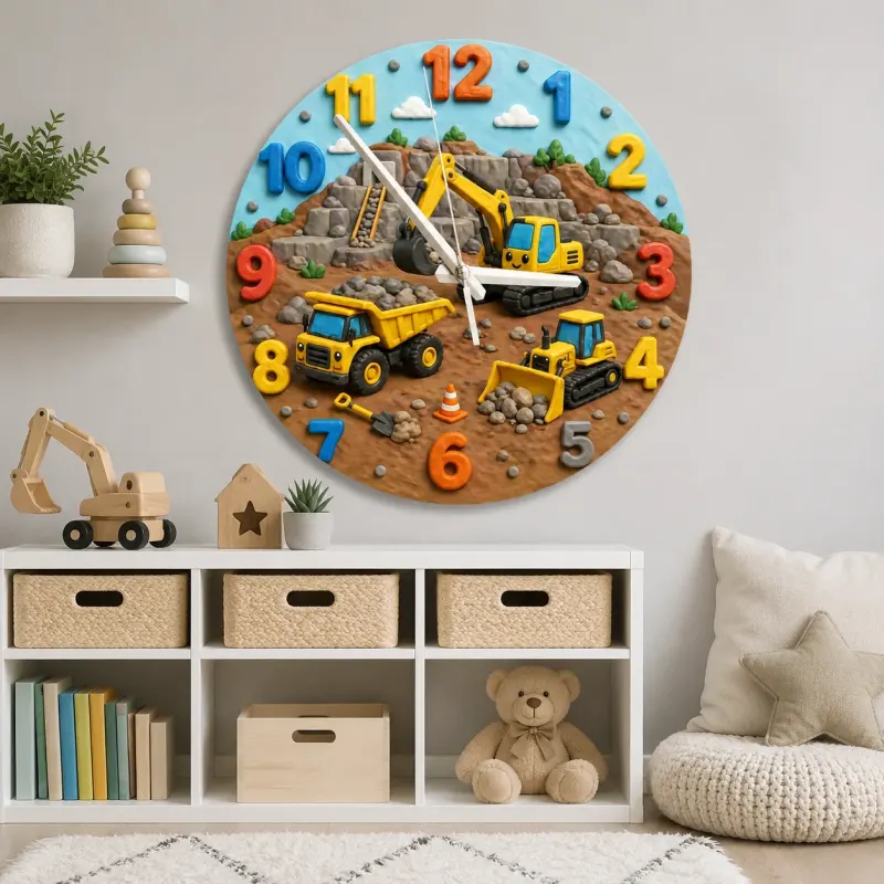 Construction Trucks Kids Room Wall Clock | Yellow Excavator Nursery Decor, Little Boy Bedroom Playroom Gift Keepsake (13.6 inch / 34.5 cm)