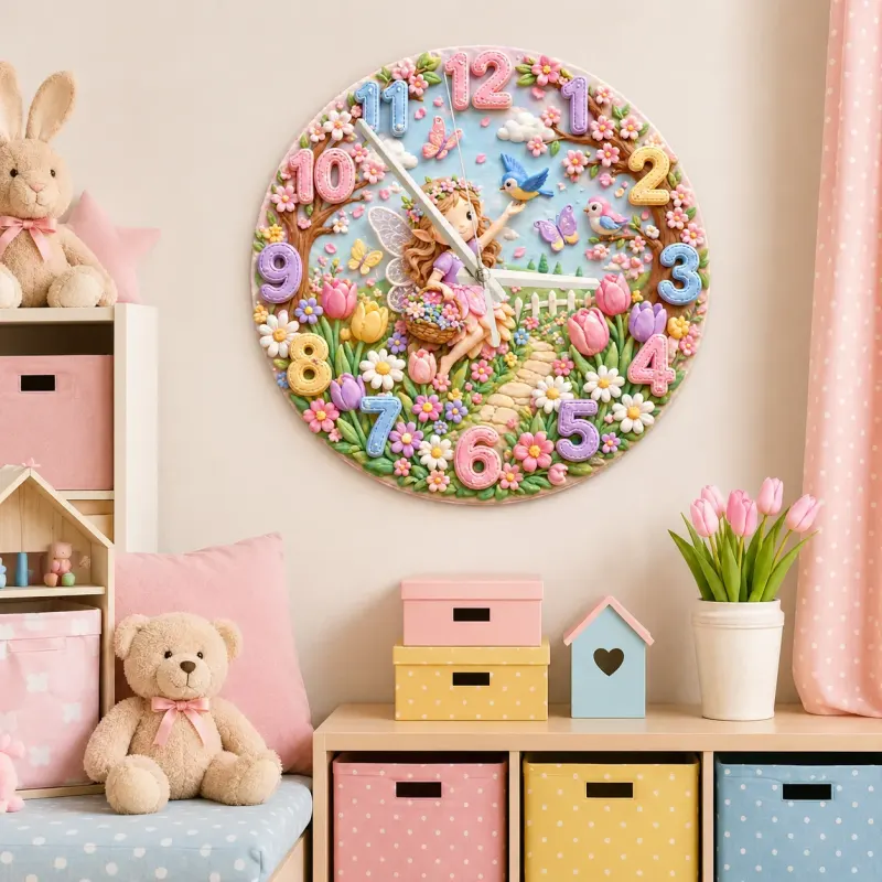 Whimsical Fairy Garden Kids Room Wall Clock | Pastel Floral Nursery Decor, Magical Little Girls Bedroom Decor Gift (13.6 inch / 34.5 cm)
