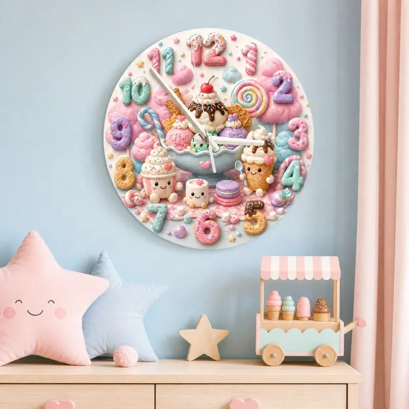 Pastel Candyland Kids Room Wall Clock | Sweet Treats Nursery Decor, Kawaii Ice Cream Girls Playroom Wall Decor Gift (13.6 inch / 34.5 cm)
