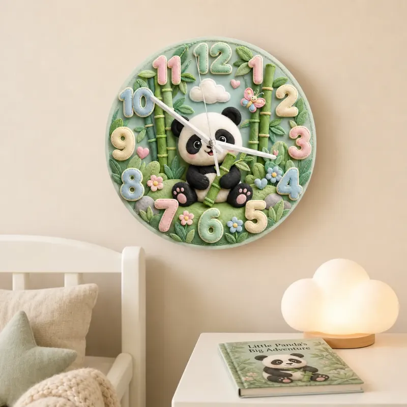 Pastel Panda Bear and Bamboo Kids Room Wall Clock | Cute Jungle Animal Nursery Wall Decor, Baby Shower Gift Keepsake (13.6 inch / 34.5 cm)