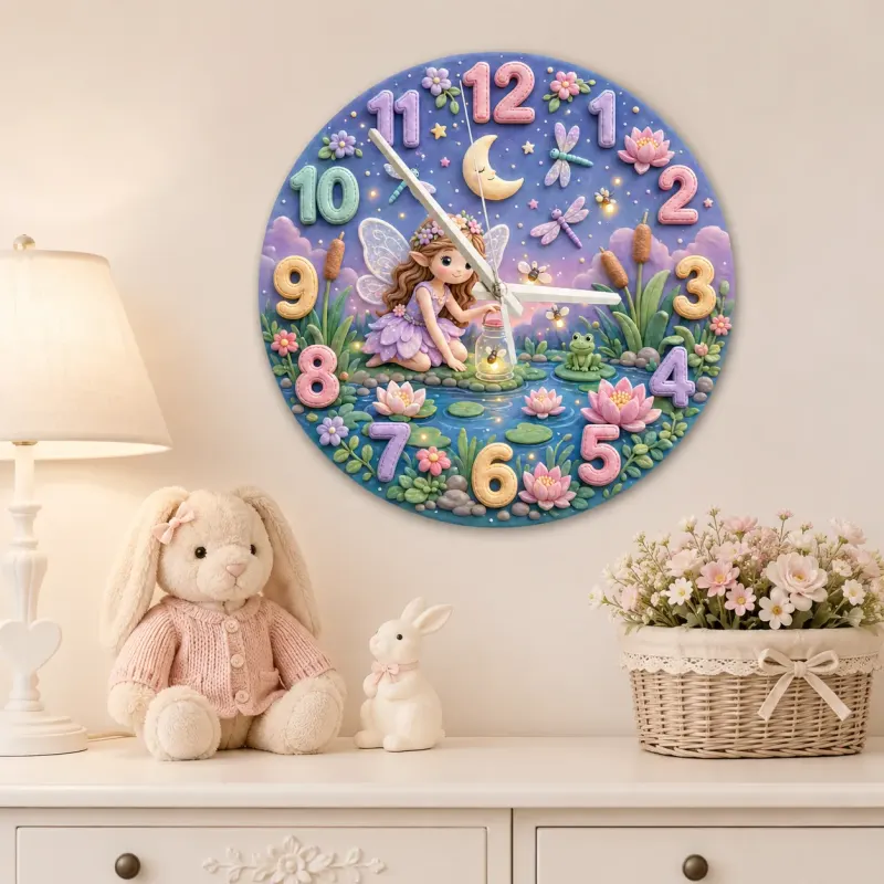 Magical Fairy Pond Kids Room Wall Clock | Enchanted Forest Nursery Decor, Whimsical Baby Girl Room Birthday Keepsake (13.6 inch / 34.5 cm)