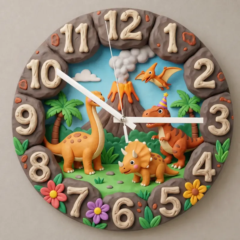 Dinosaur Volcano Kids Room Wall Clock | Prehistoric Jungle Nursery Decor, Little Boy Bedroom Birthday Gift Keepsake (13.6 inch / 34.5 cm)