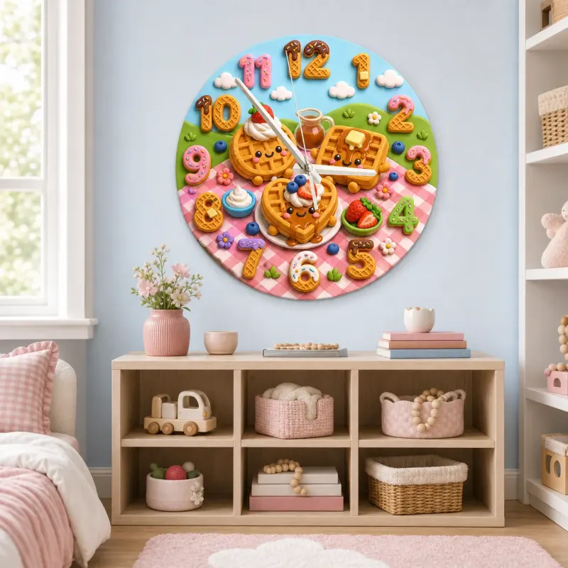 Waffle Breakfast Kids Room Wall Clock | Sweet Picnic Nursery Decor, Cute Playroom Birthday Gift (13.6 inch / 34.5 cm)