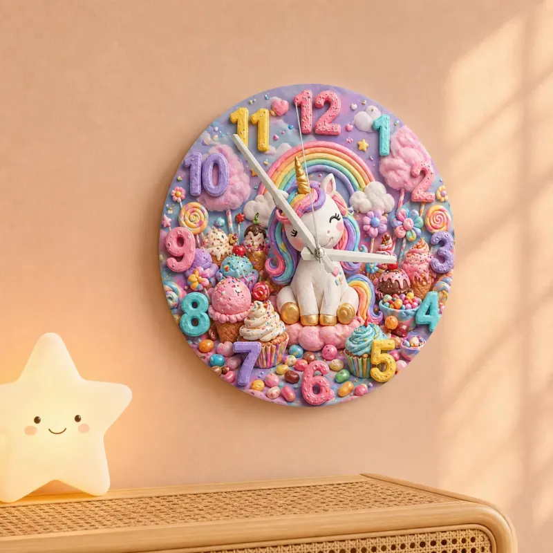 Magical Unicorn Candy Land Kids Room Wall Clock | Pastel Rainbow Nursery Art Decor, Sweet Little Girl Birthday Gift (13.6 inch / 34.5 cm)