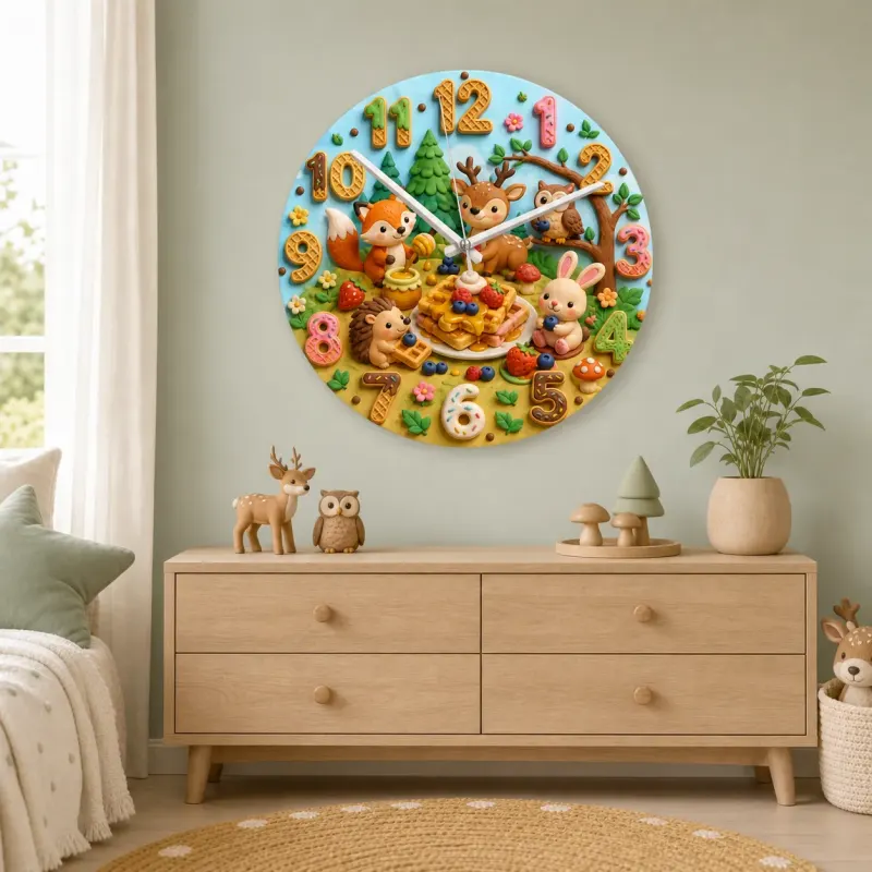 Woodland Waffle Picnic Kids Room Wall Clock | Forest Animal Nursery Decor, Baby Shower Birthday Gift (13.6 inch / 34.5 cm)