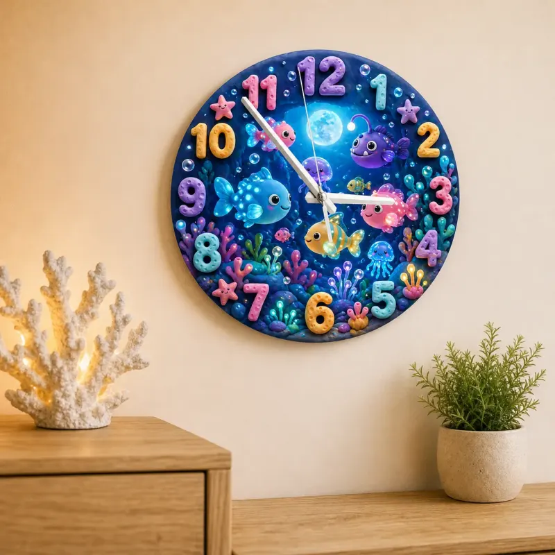 Magical Under The Sea Kids Room Wall Clock | Ocean Fish Nursery Decor, Baby Boy Girl Bedroom Birthday Keepsake Gift (13.6 inch / 34.5 cm)