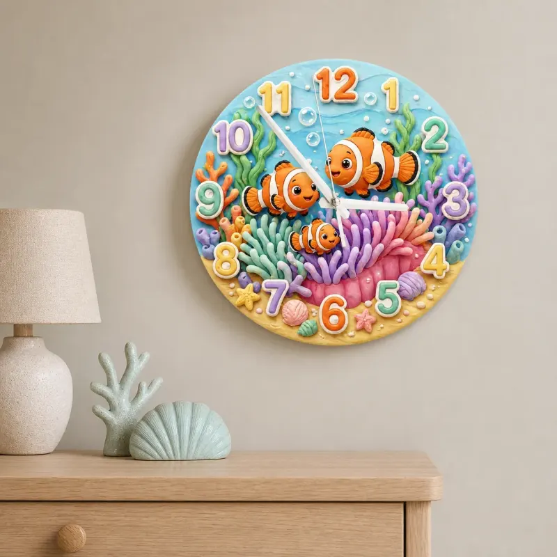 Clownfish Coral Reef Kids Room Wall Clock | Vibrant Underwater Ocean Nursery Decor, Baby Shower Gift For Boy Or Girl (13.6 inch / 34.5 cm)