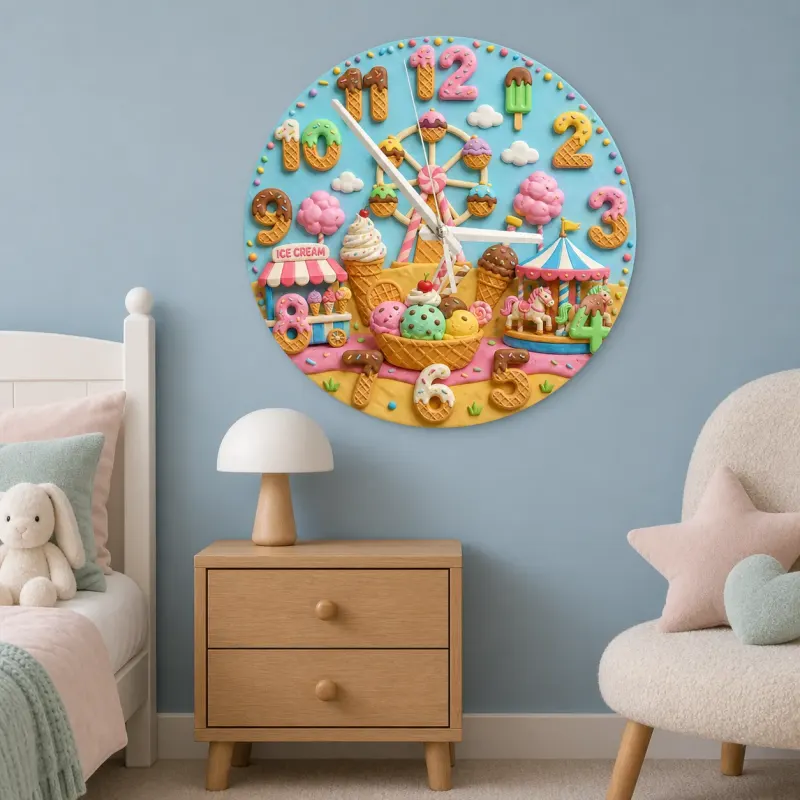 Ice Cream Carnival Kids Room Wall Clock | Pastel Fairground Nursery Decor, Sweet Birthday Gift (13.6 inch / 34.5 cm)