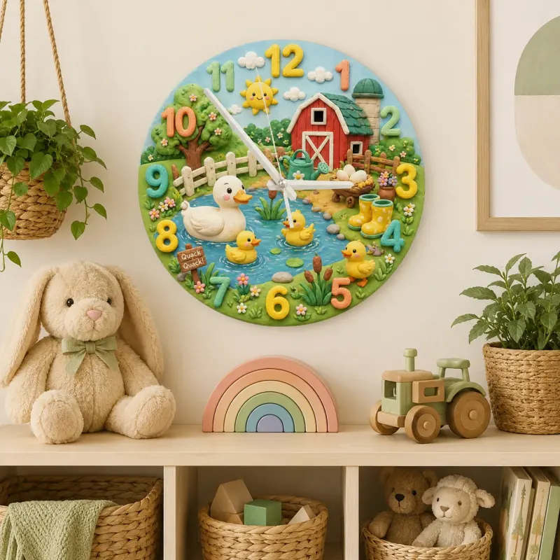 Cute Farmyard Duck Pond Kids Room Wall Clock | Whimsical Red Barn Nursery Decor, Baby Shower Gift For Boys Or Girls (13.6 inch / 34.5 cm)