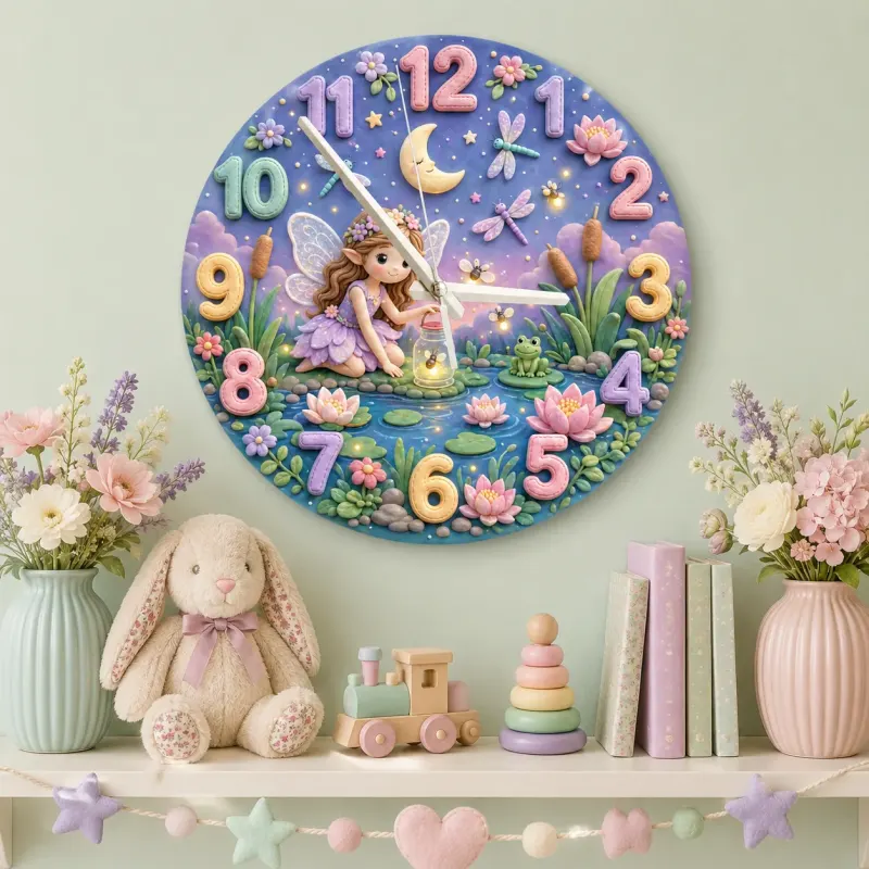 Magical Fairy Pond Kids Room Wall Clock | Enchanted Forest Nursery Decor, Whimsical Baby Girl Room Birthday Keepsake (13.6 inch / 34.5 cm)