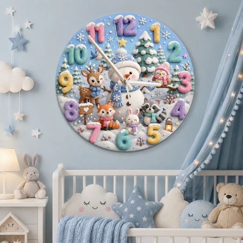 Winter Snowman & Woodland Animals Kids Room Wall Clock | Pastel Nursery Decor, Sweet Baby Shower Gift For Little Ones (13.6 inch / 34.5 cm)