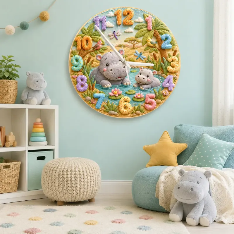 Safari Hippo Family Kids Room Wall Clock | Cute Jungle Animal Nursery Decor, Beautiful Baby Shower Gifts & Keepsakes (13.6 inch / 34.5 cm)